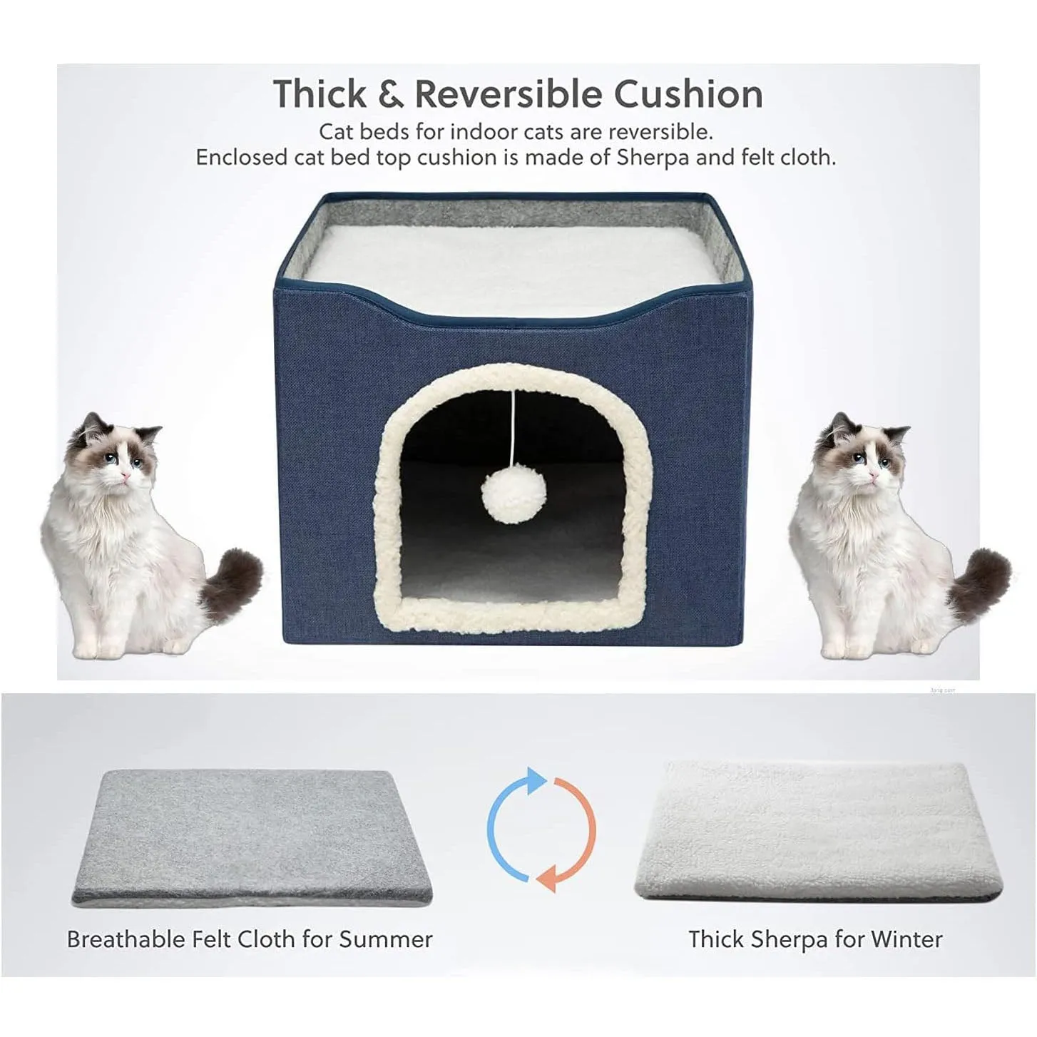 Cat Cave for Pet Cat House with Hanging Ball and Scratch Pad-Blue