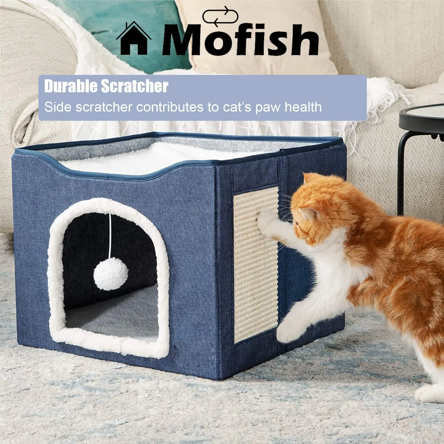 Cat Cave for Pet Cat House with Hanging Ball and Scratch Pad-Blue