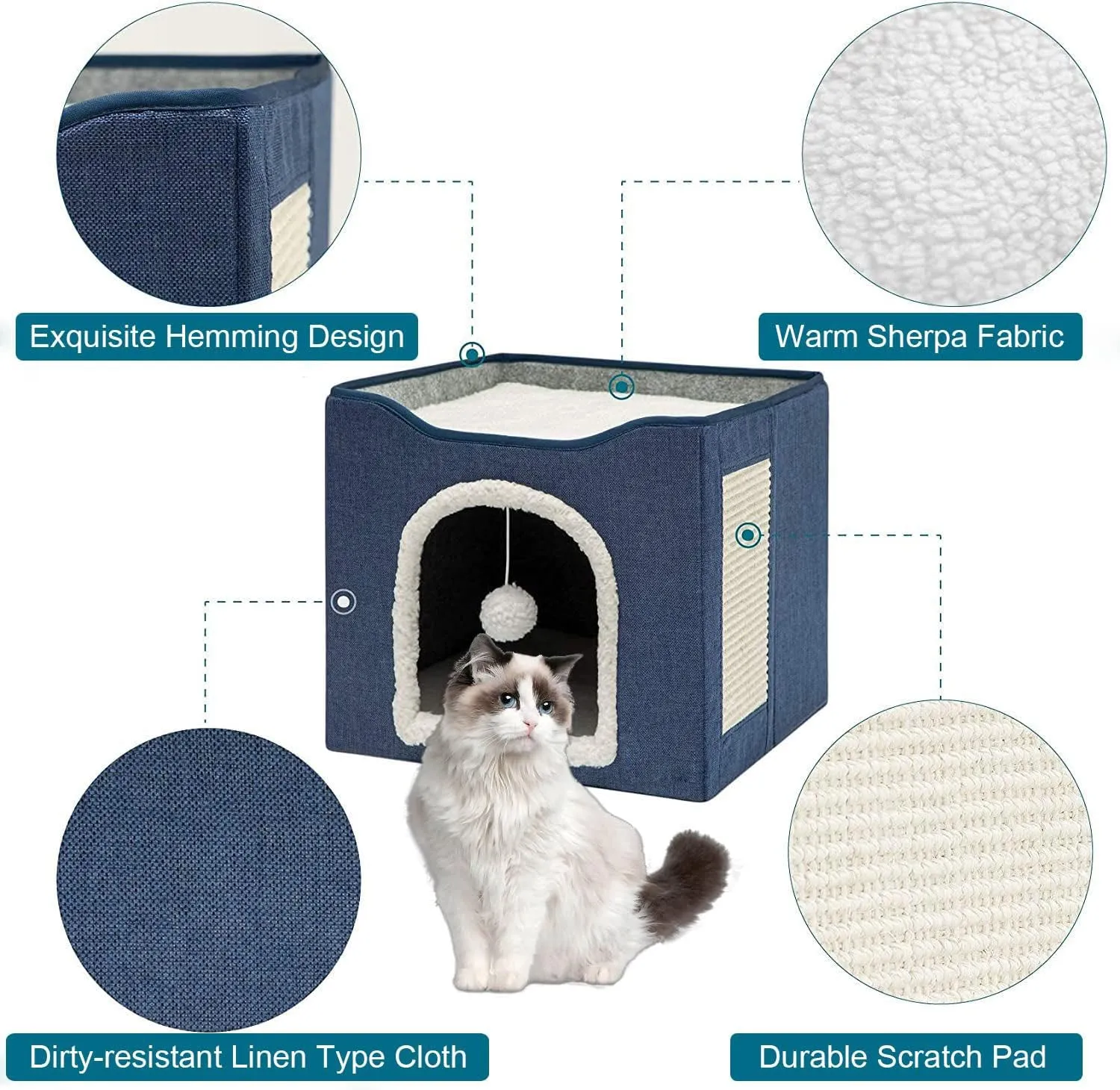 Cat Cave for Pet Cat House with Hanging Ball and Scratch Pad-Blue