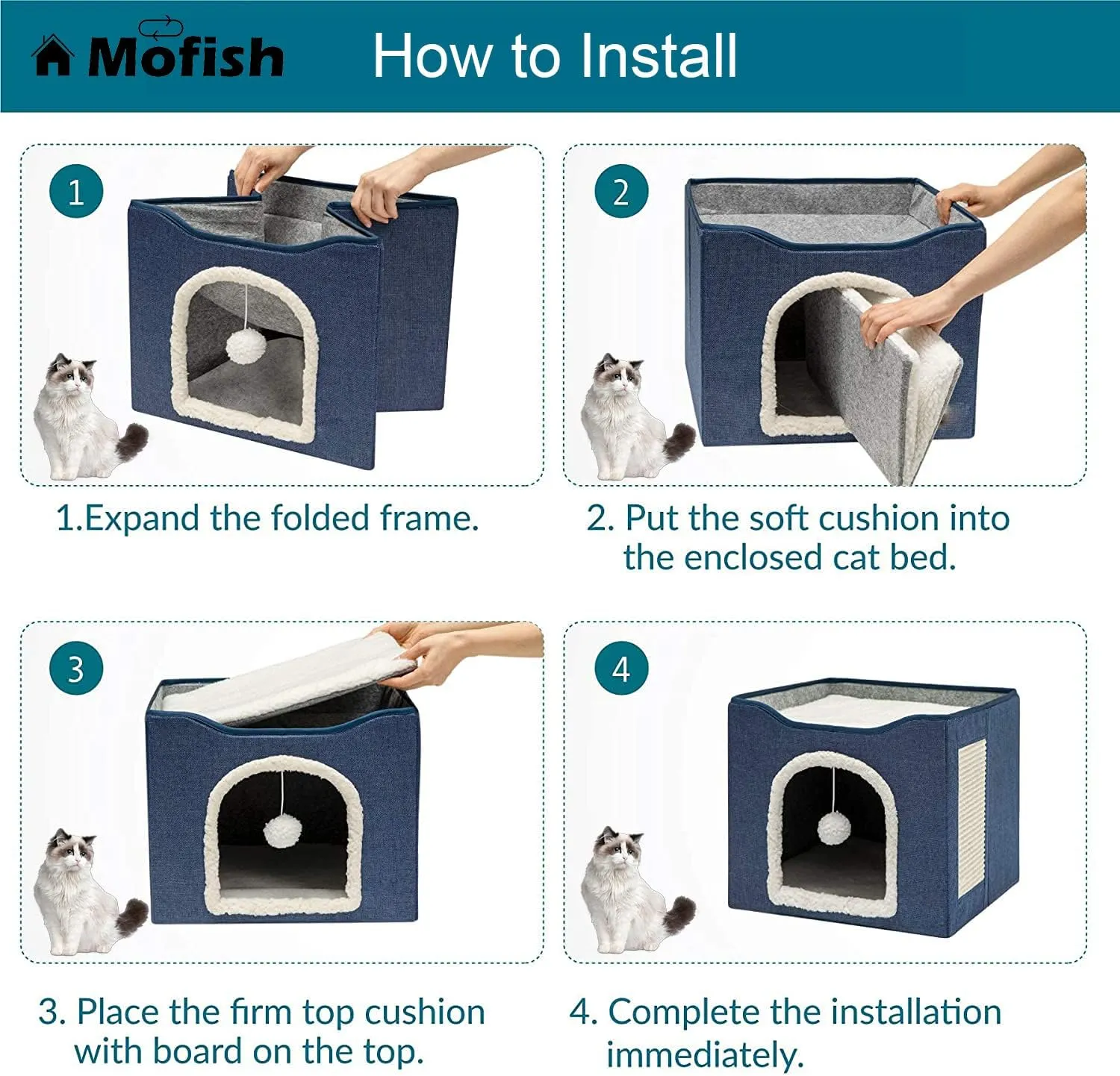 Cat Cave for Pet Cat House with Hanging Ball and Scratch Pad-Blue