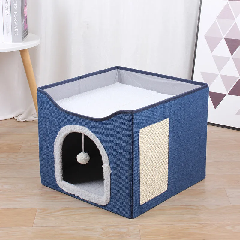 Cat Cave for Pet Cat House with Hanging Ball and Scratch Pad-Blue