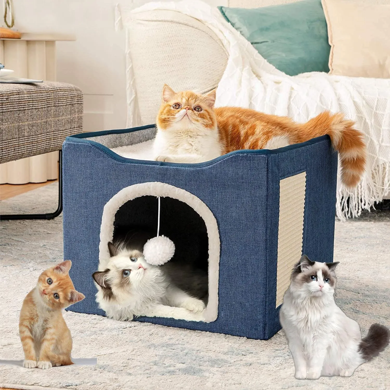 Cat Cave for Pet Cat House with Hanging Ball and Scratch Pad-Blue