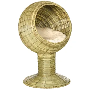 Elevated Cat Bed with Cushion, 69H cm - Natural Wood