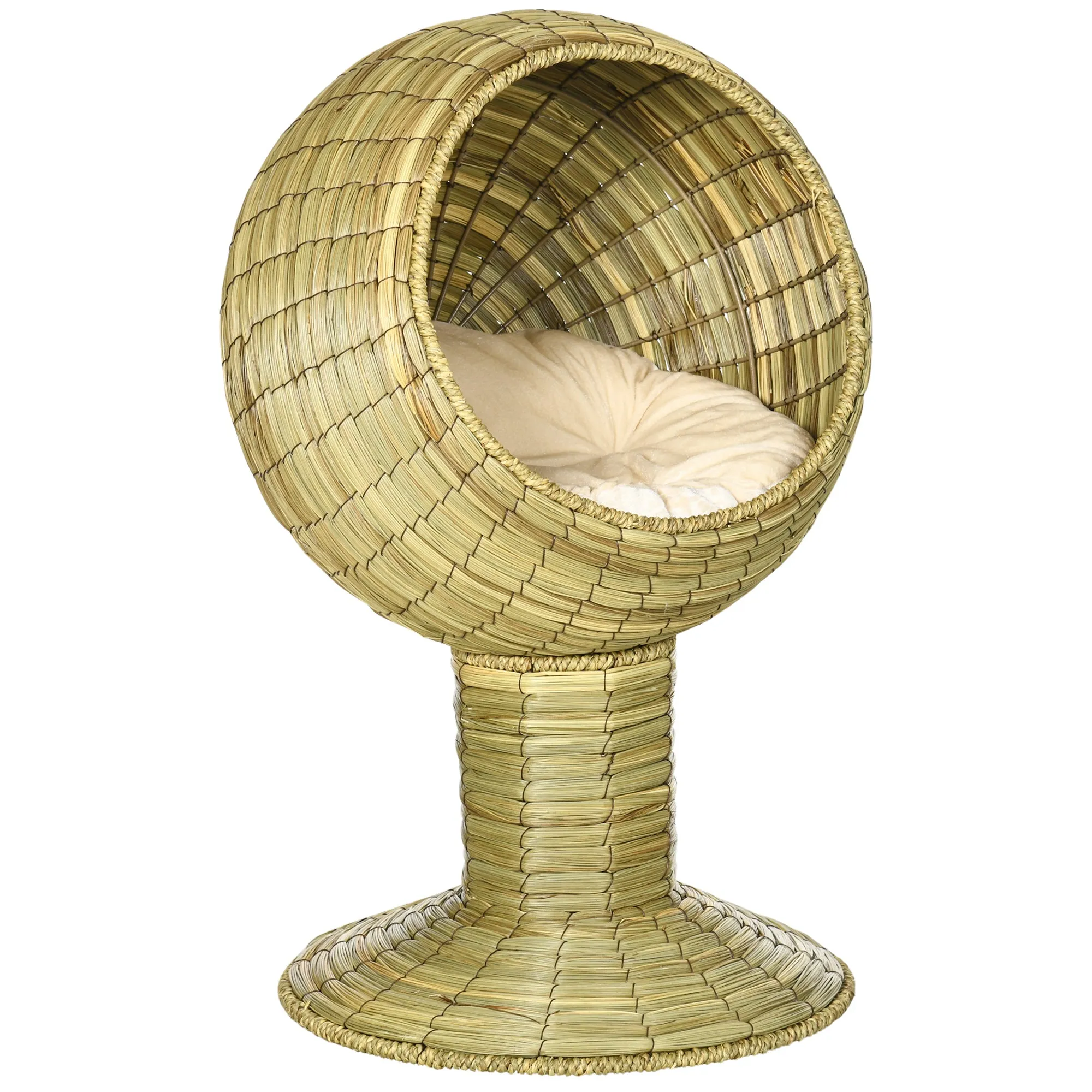 Elevated Cat Bed with Cushion, 69H cm - Natural Wood