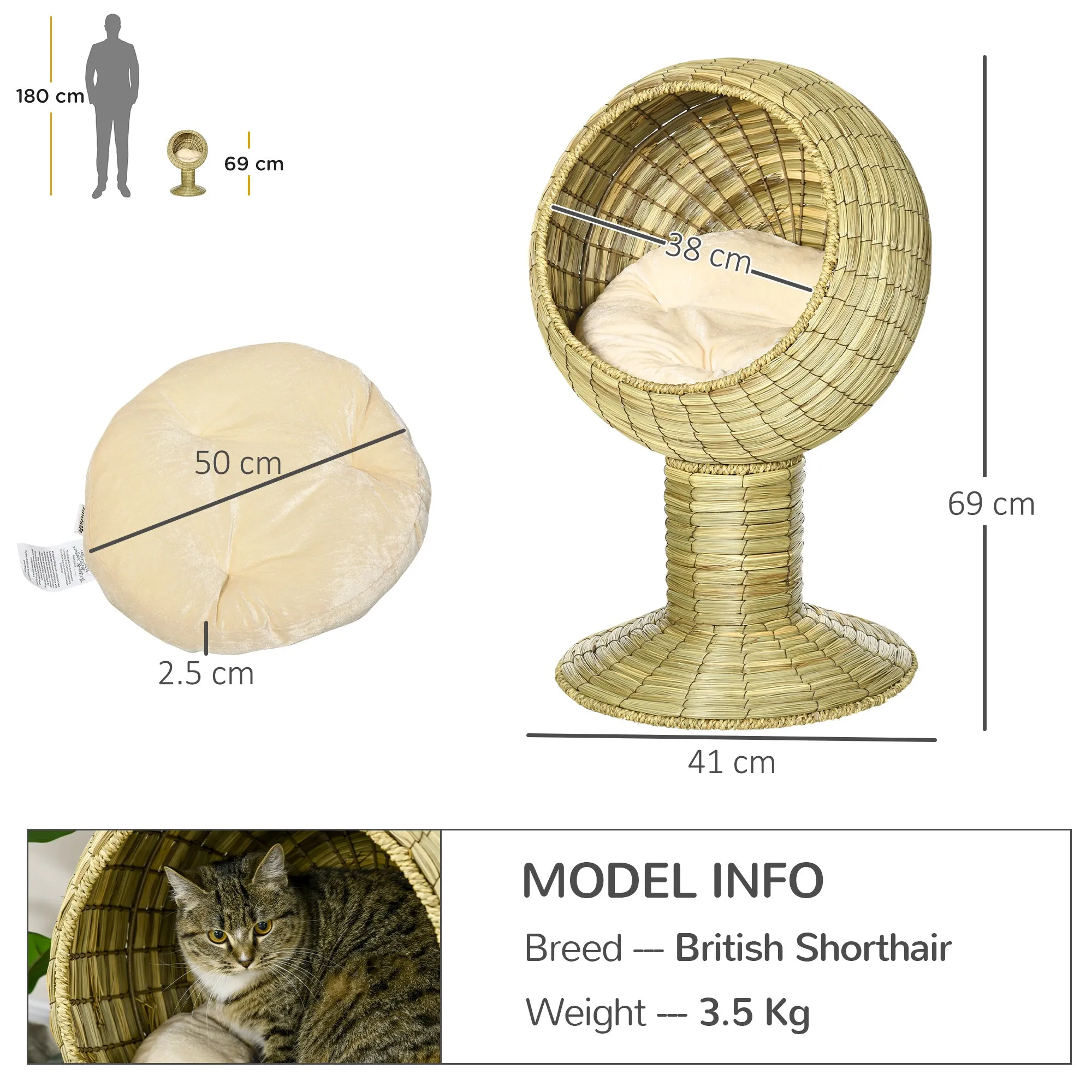 Elevated Cat Bed with Cushion, 69H cm - Natural Wood
