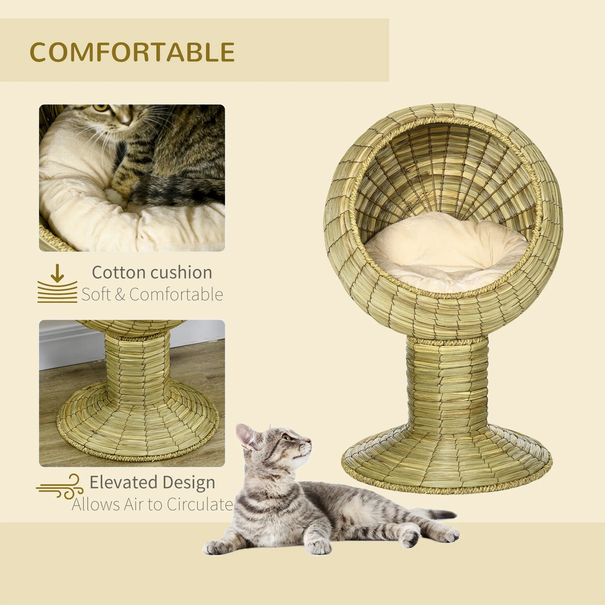 Elevated Cat Bed with Cushion, 69H cm - Natural Wood