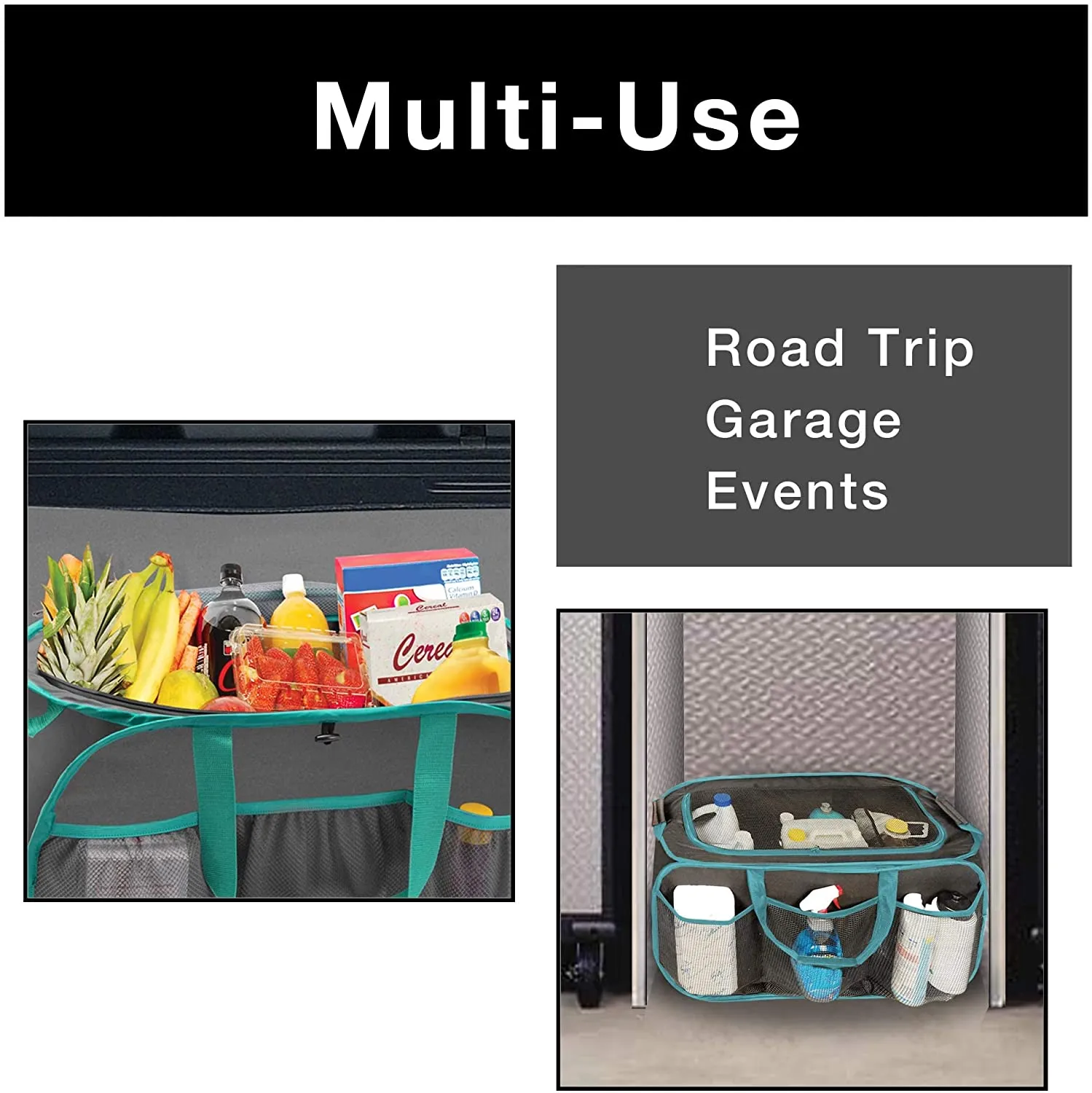 Pop Up Car Trunk Organizer with Easy Carry Handles, Side Pockets, and Zipper Top
