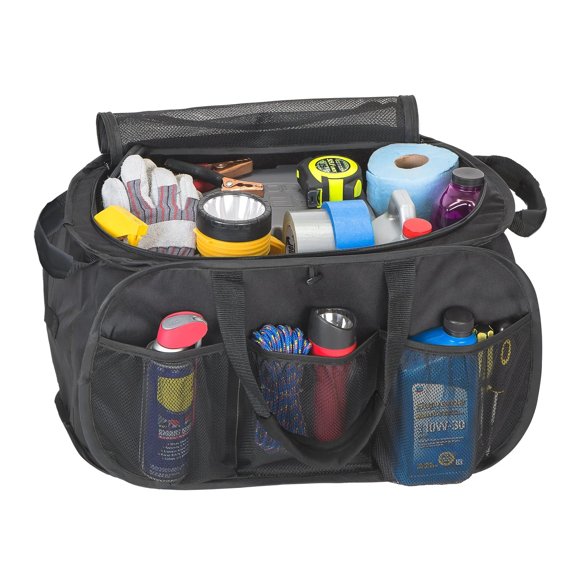 Pop Up Car Trunk Organizer with Easy Carry Handles, Side Pockets, and Zipper Top