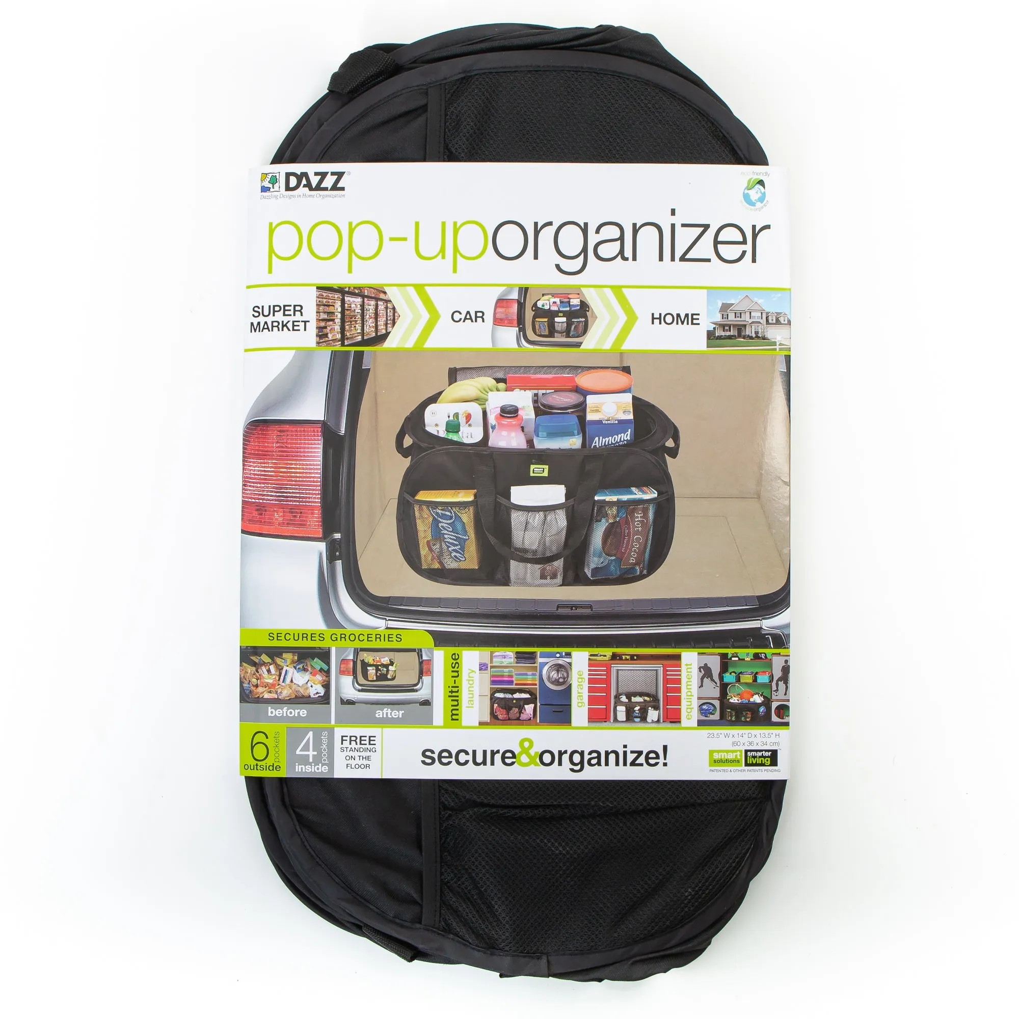 Pop Up Car Trunk Organizer with Easy Carry Handles, Side Pockets, and Zipper Top