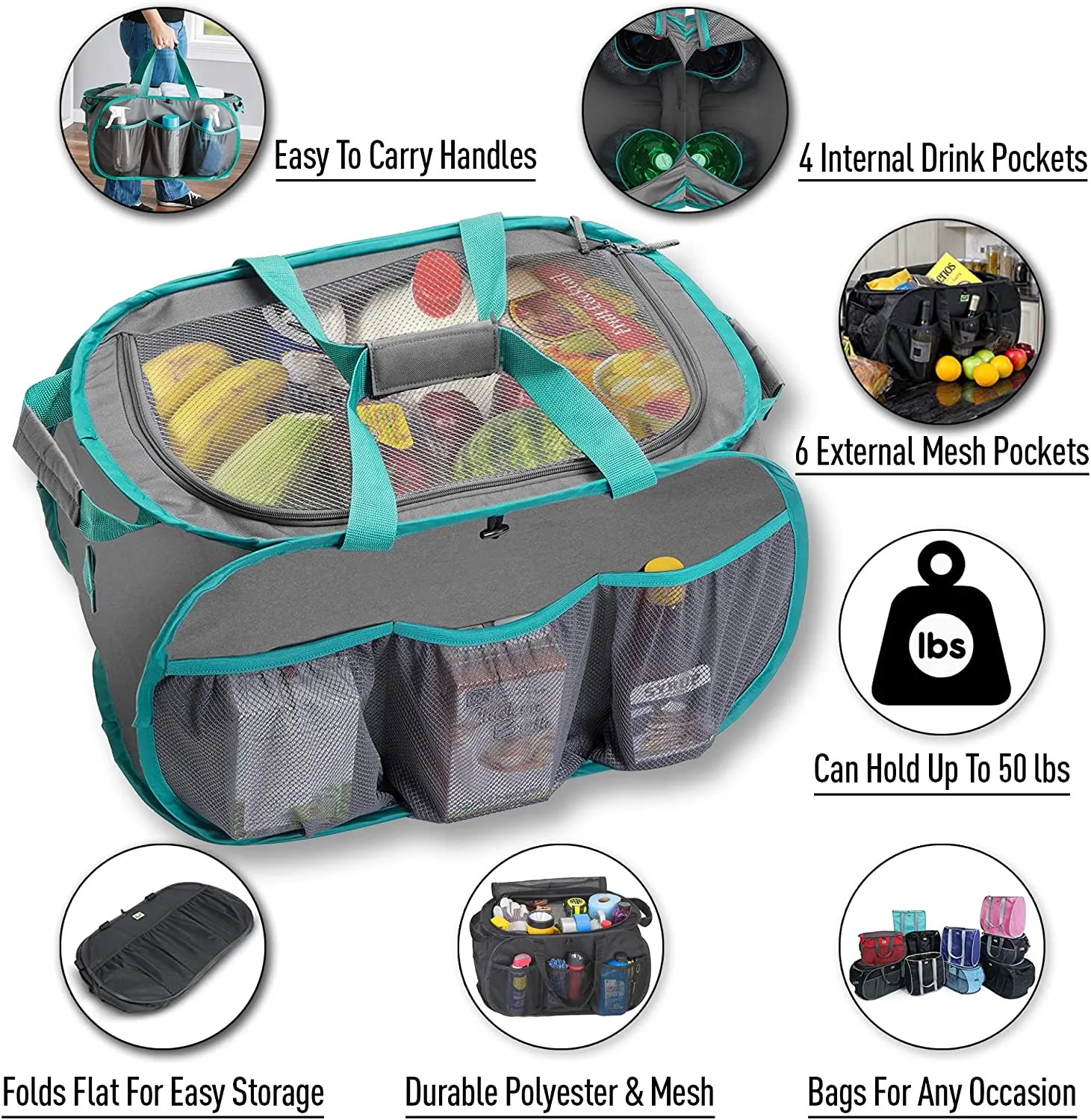 Pop Up Car Trunk Organizer with Easy Carry Handles, Side Pockets, and Zipper Top