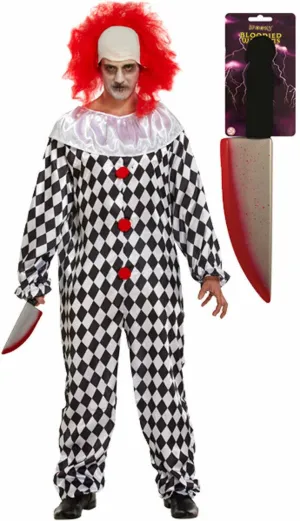 Scary Killer Clown Costume Blooded Knife Weapon Adults Halloween Fancy Dress