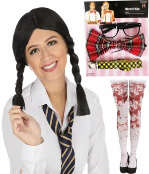 Zombie School Girl Nerd Kit Black Wig Bloody Stocking Halloween Fancy Dress Set