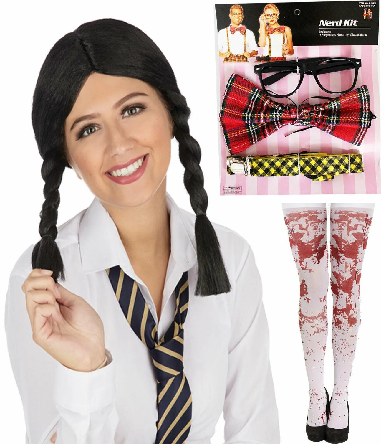 Zombie School Girl Nerd Kit Black Wig Bloody Stocking Halloween Fancy Dress Set
